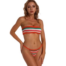 Summer Bikini Set Handmade Crochet Stripes the Bandeau Tube Top  Thong Bottom