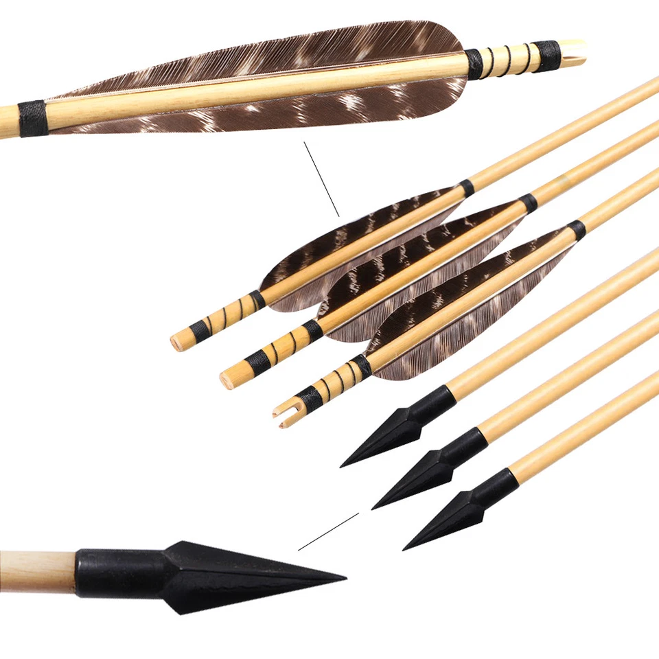 6x 31" Archery Wooden Arrows Handmade Turkey Fletching Feather Arrowhead Hunting - Image 2 of 4