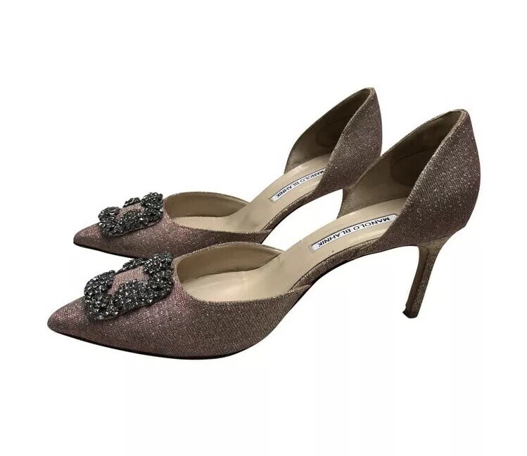 Manolo Blahnik Hangisi Pink Glitter Embellished Pump RRP