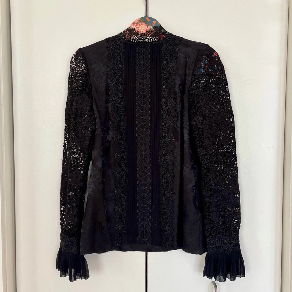 Blusa victoriana Erdem x H&M seda negra floral encaje mangas plisadas talla XS Foto 3 de 4