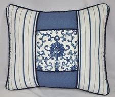 Corded Pillow made w Ralph Lauren Porcelain Navy Blue Stripe & Rosette Fabric