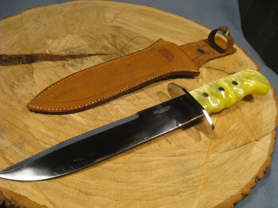 Cuchillo inoxidable Balaguer grande vintage con respaldo de sierra y funda original de 12" de largo Foto 3 de 4