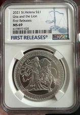 Una and The Lion St.Helena Pound 2021 Silver Coin NGC MS69 First Releases Spots