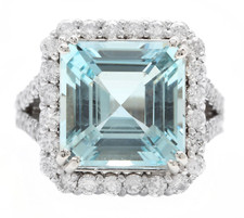 9.50 Carats NATURAL AQUAMARINE and DIAMOND 14K Solid White Gold Ring