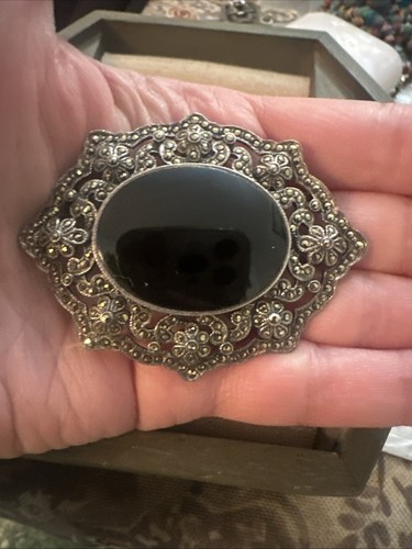 Large Onyx Marcasite Brooch Vintage Onyx Brooch with … - Gem Large Onyx Marcasite Brooch Vintage Onyx Brooch with … - Gem