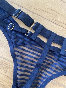 Bordelle Black Adjustable thong S Gold hardware G String panty NEW Striped