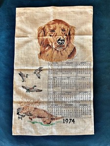 GOLDEN RETRIEVER 1974 Calendar Tea Towel Artist Signed~ Poland made Tag Vintage