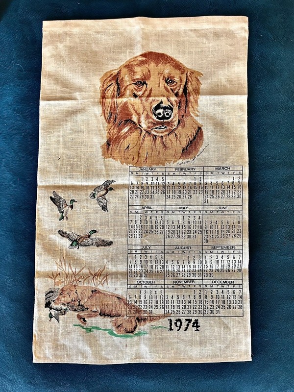 Rare GOLDEN RETRIEVER 1974 Calendar Tea Towel Artist signed Made in Poland Tag