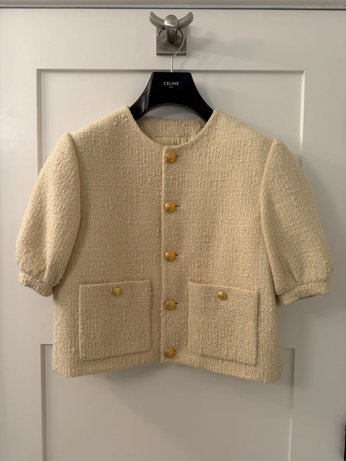 Celine — CELINE Yellow Jaune Paille Bouclé Tweed Short Slv Blazer F 42/US 8 $3,750
