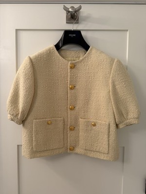 CELINE Yellow Jaune Paille Bouclé Tweed Short Slv Blazer F 42/US 8 $3,750