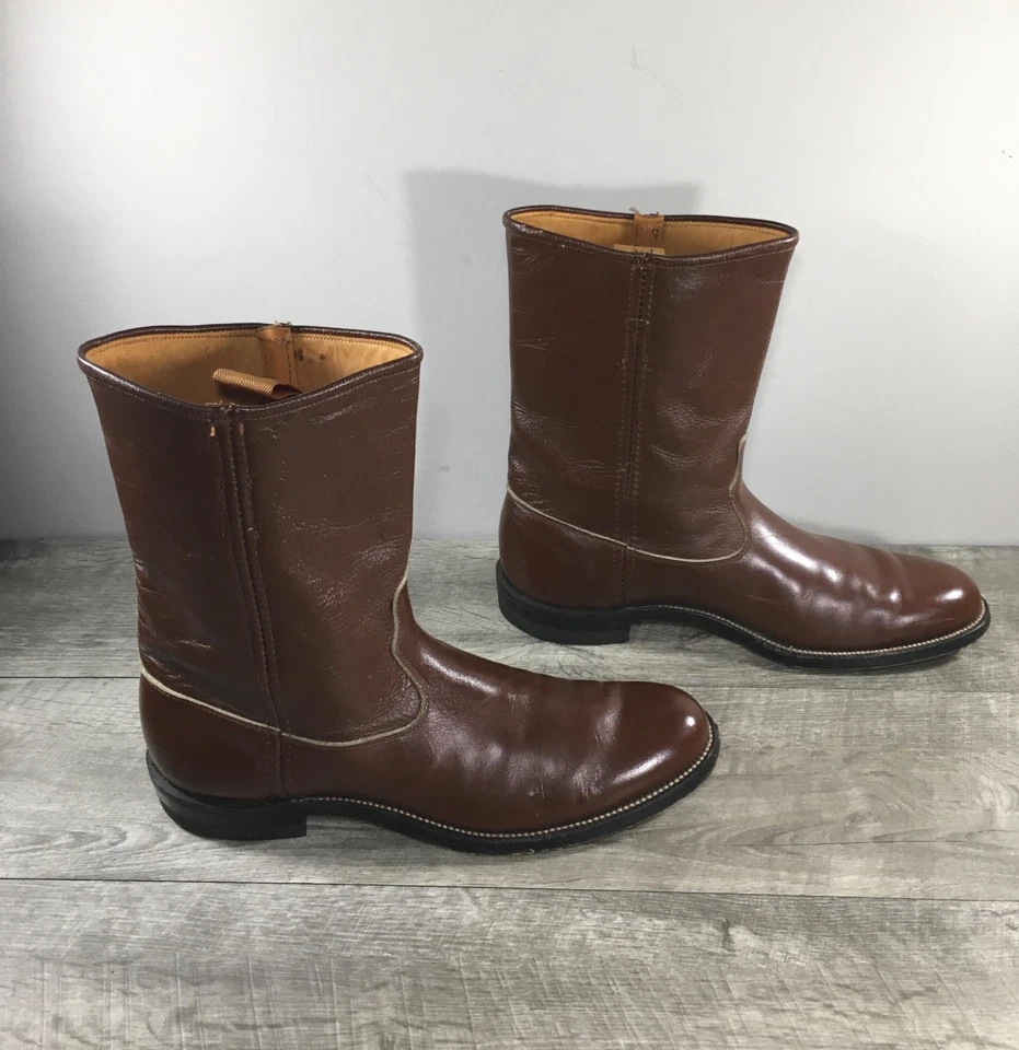 Botas Justin Boots Fort Worth Cuero Marrón Roper Moto Hombres De Colección Años 60 Talla 9.5 Foto 2 de 4