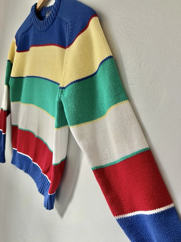 Suéter Cuello Redondo Tejido en Bloque de Color a Rayas Medianas Lands End Años 90 De Colección Foto 3 de 4