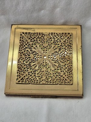 Elegant Vtg 40s ELGIN AMERICAN Tri-fold Powder Rouge Compact Gold Tone Filigree