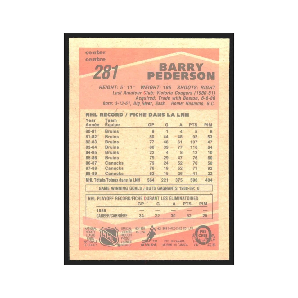 1989 O-Pee-Chee Barry Pederson Vancouver Canucks #281 - Image 2 of 3