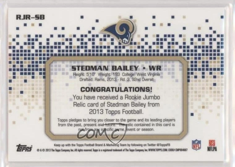 2013 Topps Rookie Jumbo Relic Stedman Bailey #RJR-SB RC - Image 2 of 2