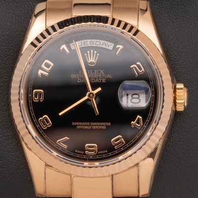 Rolex President Day-Date 118205 Everose Gold Watch Black Arabic Dial
