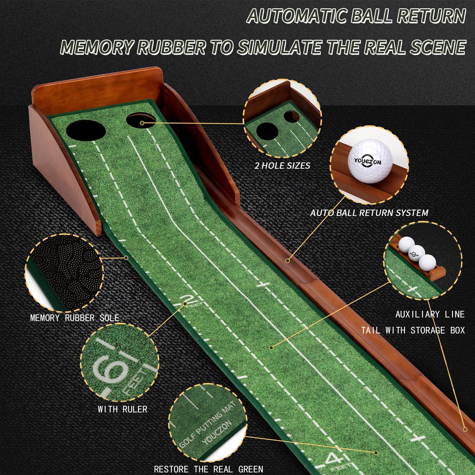 YOUCZON Putting Green Indoor, No Hump Golf Mat with Auto Ball Return - Easy t...