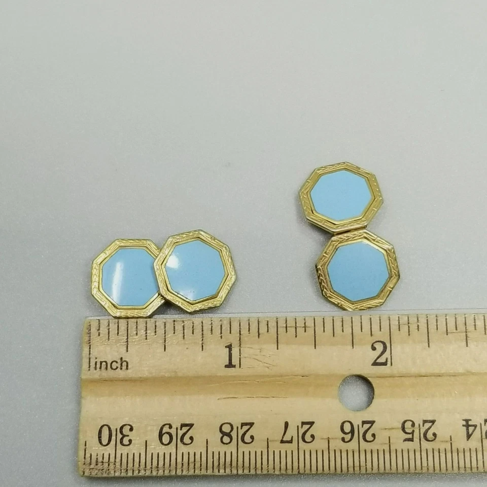 Gemelos vintage oro 14k frontales esmalte azul forma octágono petirrojo huevo Foto 2 de 4