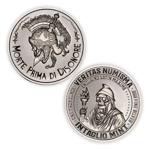 ENDURING LATIN MAXIMS – MORTE PRIMA DISONORE – DEATH SKULL - 1 oz .999 Fine BU