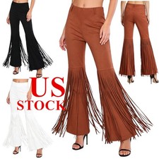 US Women's Western Themed Fringe Bell Bottoms High Waist Faux Suede Flared Pants