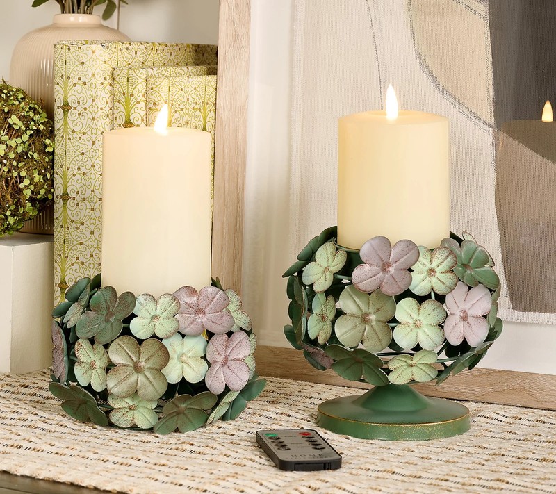 Home Reflections Set of 2 Metal Pedestals & Flameless Pillar Candles Free Ship!