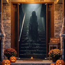 Halloween Door Backdrop Banner Stair Death 6.6 x 3 ft 80 x 35 inches , Black