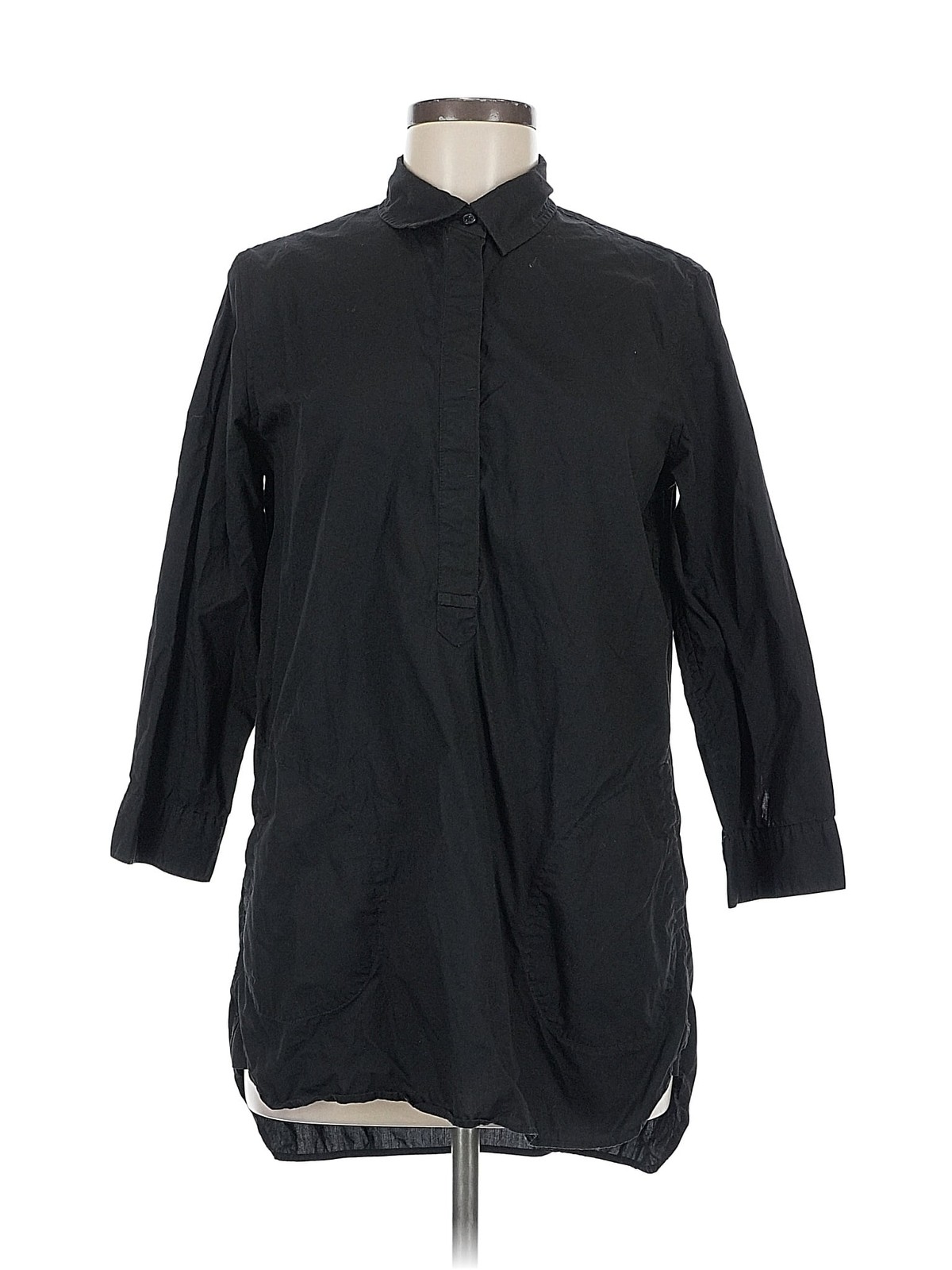 Uniqlo Women Black 3/4 Sleeve Button-Down Shirt M