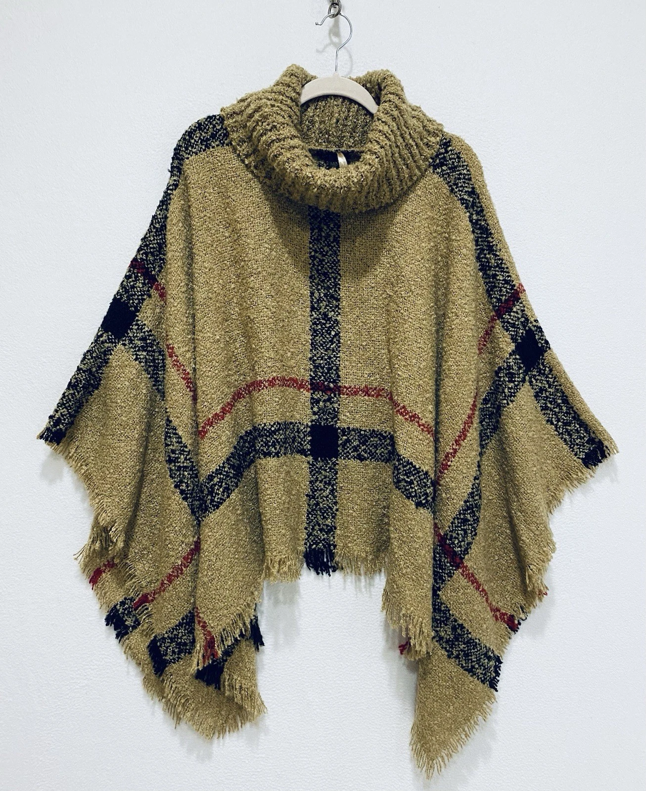 Mixit Sweater Poncho Womens One Size Beige Plaid Frayed Turtleneck Fringe Boho