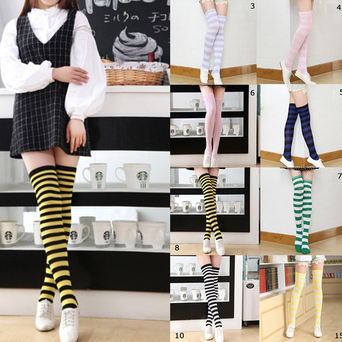 Womens Cotton Socks Thigh High Lady Striped Over Knee Slim Leg Stockings Casu + - Picture 4 of 35