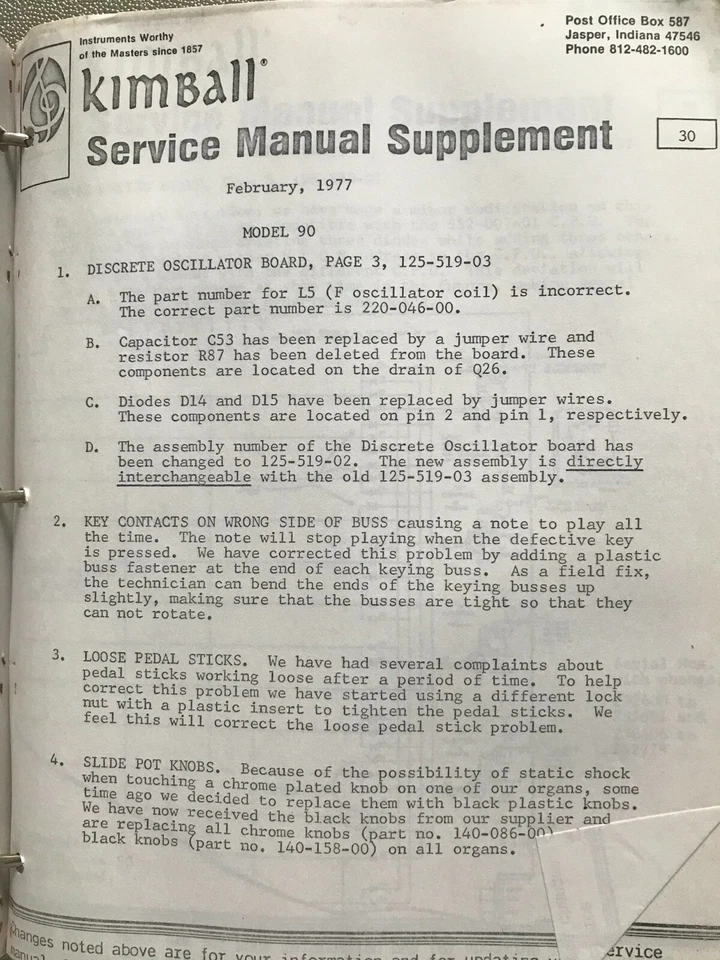 Kimball Organ Service Schematic Modelo 90, 162-170, Série 541, 560, 580, 521-531 - Imagem 3 de 4