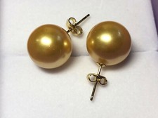 Huge AAA 14mm natural south sea Gold Round shell pearl earrings 14k