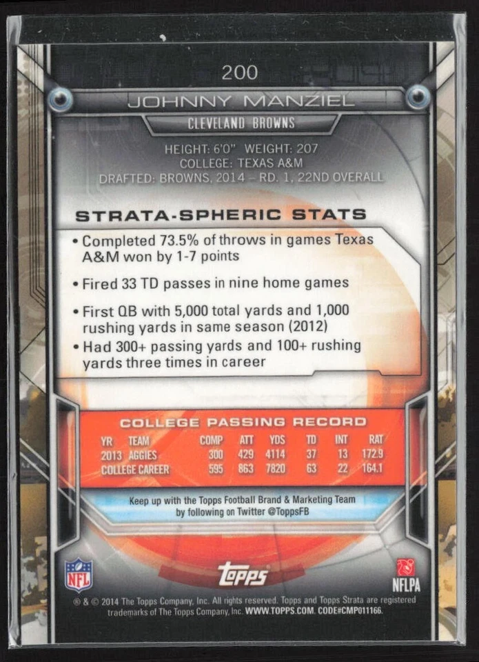2014 TOPPS STRATA - JOHNNY MANZIEL - RC #200 BROWNS ROOKIE - Image 2 of 3