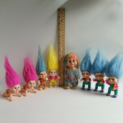 8 troll dolls blue yellow pink hair trolls 5'' 2 1/2'' LOT of 8 pajamas teddy bear