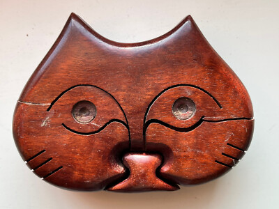 Vintage Art Sculpture Wood Richard Rothbard Signed Cat Face Puzzle