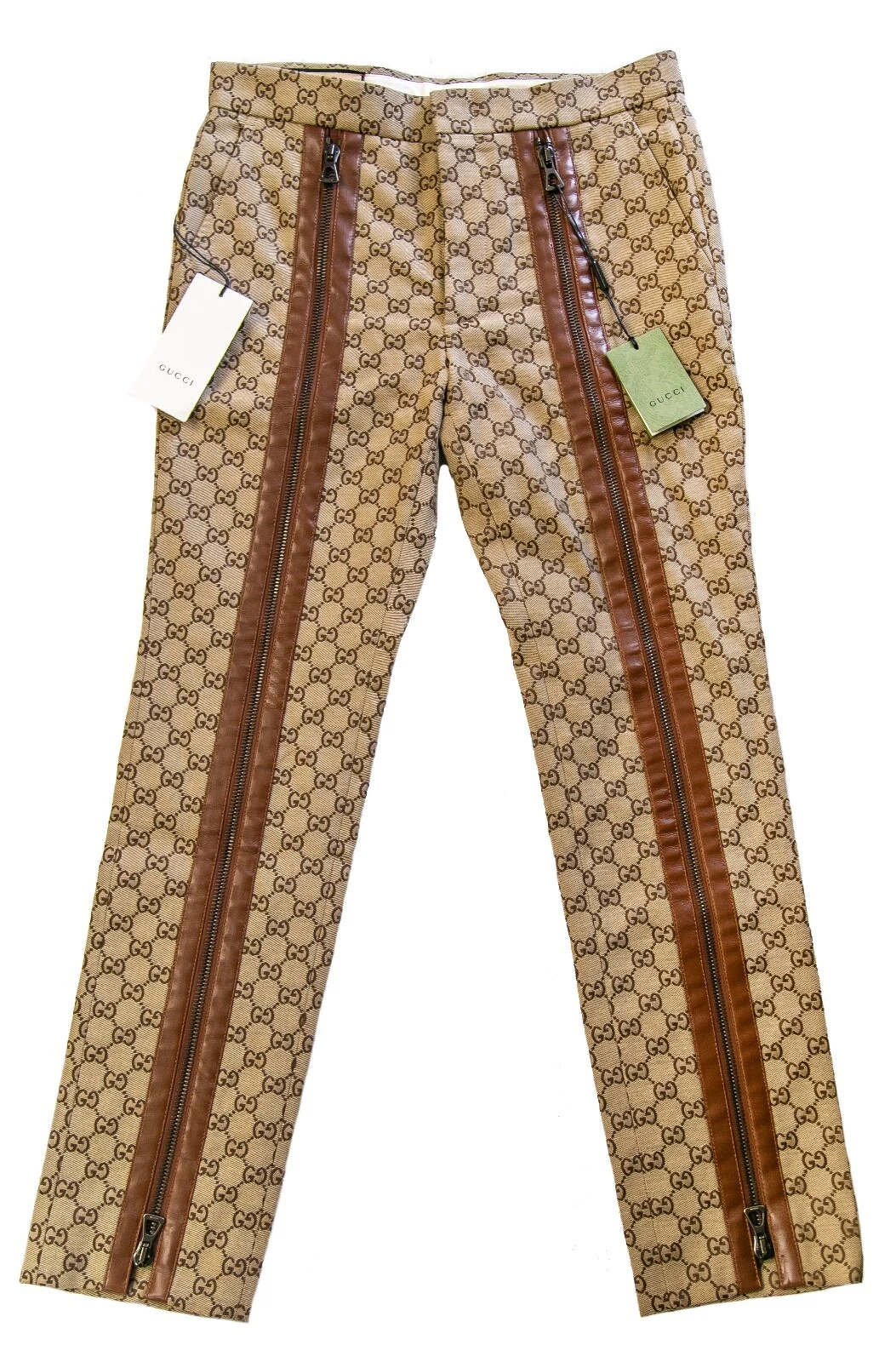 Pantalon imprimé toile Gucci GG 46 taille fermeture éclair garniture cuir Michele piste rare