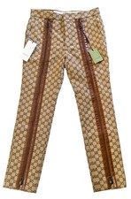 GUCCI GG Canvas Print Pants 46 size Zipper Leather Trim Michele Runway Rare