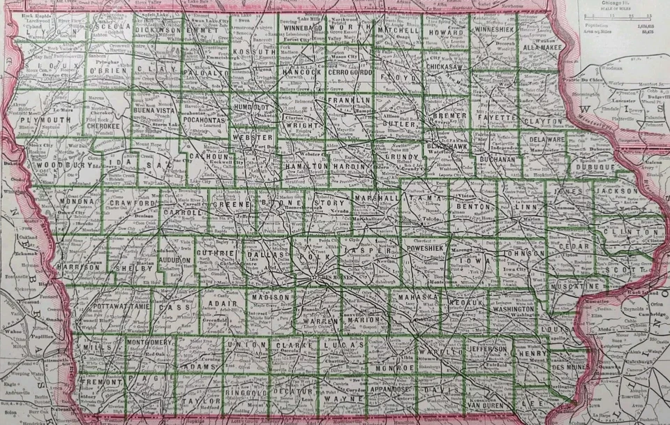 Mapa IOWA 1885 13"x11" ~ Antiguo Antiguo Original DES MOINES CEDAR RAPIDS IA Foto 3 de 4