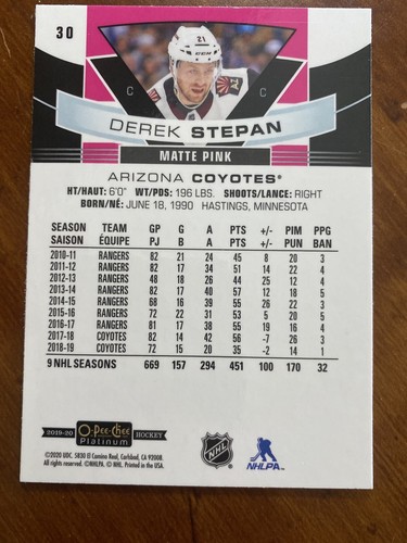 19-20 UD O-Pee-Chee Platinum Matte Pink 30 Derek Stepan - Foto 2 di 2