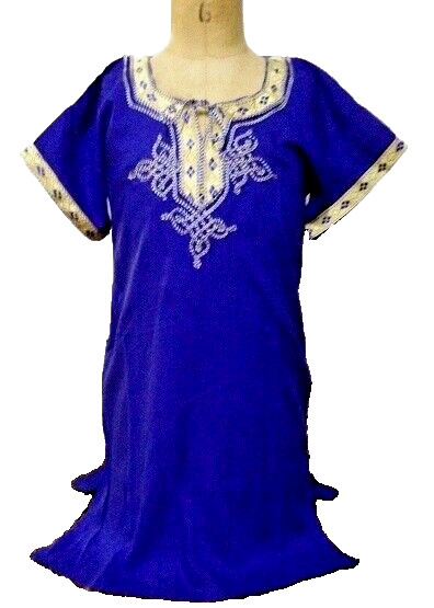 Authentic Moroccan Kids Caftan Kaftan Embroidered Blue Cotton Silk Resort Girls