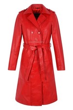 Woman's Elegant Trench Coat Real Lambskin Leather Knee Length 3/4tie Belt Jacket