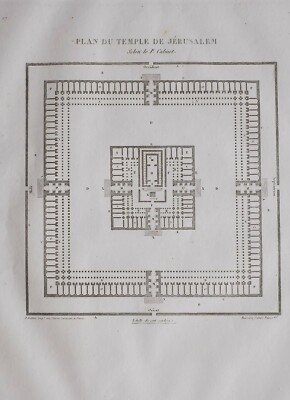 1861 ANTIQUE PRINT PLAN OF THE TEMPLE OF JERUSALEM ACCORDING TO CALMET