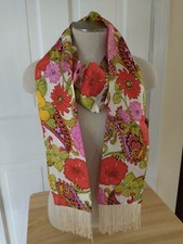 Vibrant Vintage Scarf w/ Fringe Bold Floral Green Pink Red Yellow 4 1/2 X 78 in.