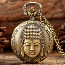 Antique Buddha Design Men Women Quartz Analog Pocket Watch Necklace Chain Gift