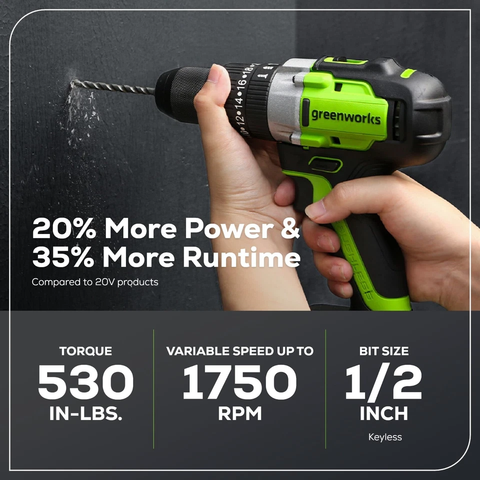 Taladro percutor Greenworks 24V 530 in-lbs portabrocas de 1/2" con batería de 2Ah y cargador de 2A Foto 2 de 4
