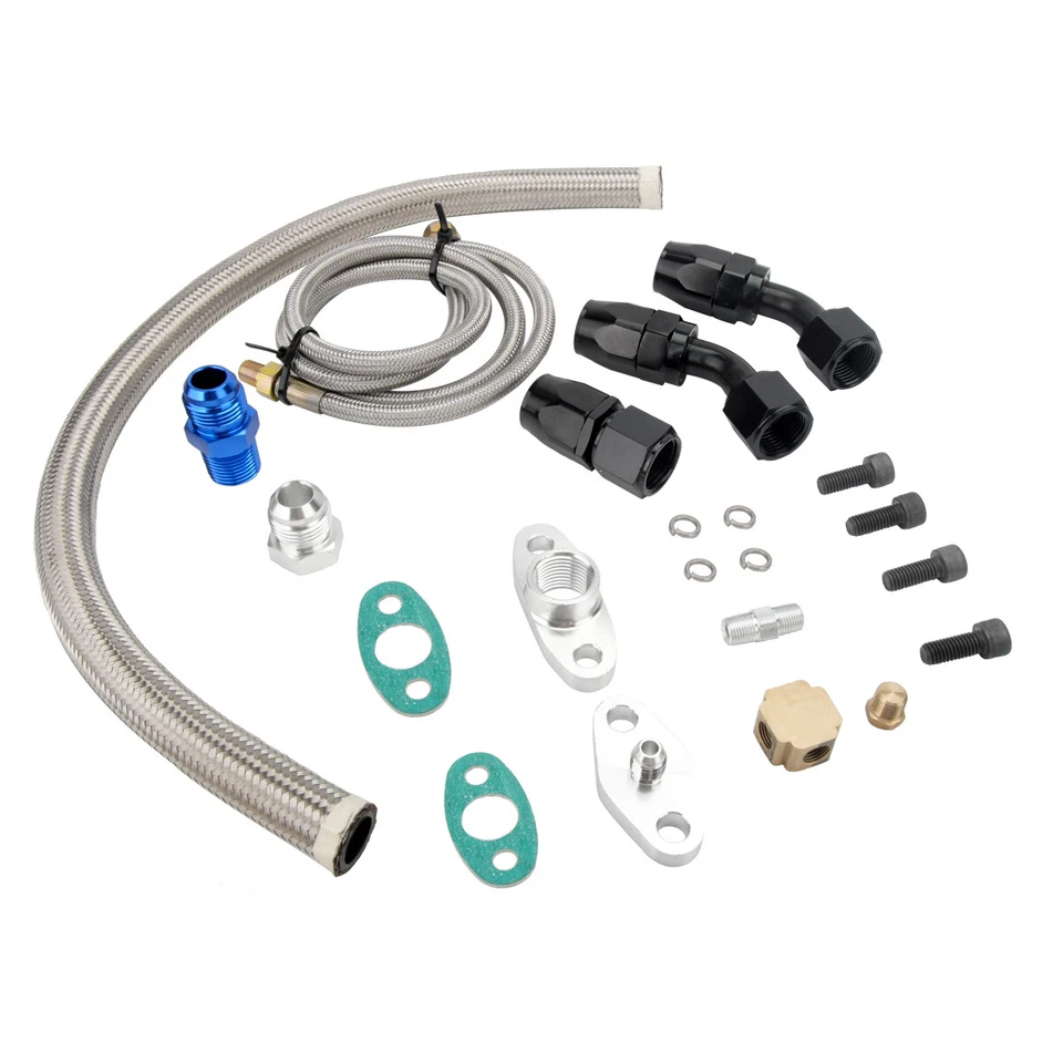 Universal Turbo Oil Line Kit Feed + Return Drain Flange T3 T4 T04E Oil Pan Plug - Image 2 of 4