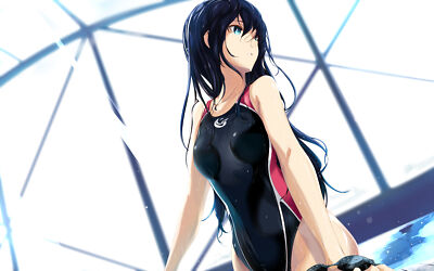 Anime girls swimwear onepiece swimsuit dark hair wet Playmat