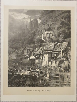 Chromolithographie Sepia Landschaft Rhein 1886 Bild Kunstdruck Stich Antik