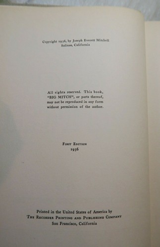 Big Mitch, Joseph Everett Mitchell (Salinas CA) 1936 Signed 1st Ed *Vg/G+* - Imagen 9 de 12