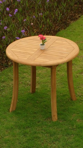 3-Piece Outdoor Teak Dining Set: 36" Round Table, 2 Stacking Arm Chairs Alps - Picture 2 of 9
