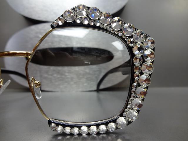 Oversized Retro Style Clear Lens EYE GLASSES Black Gold Frame Crystals Handmade image 6